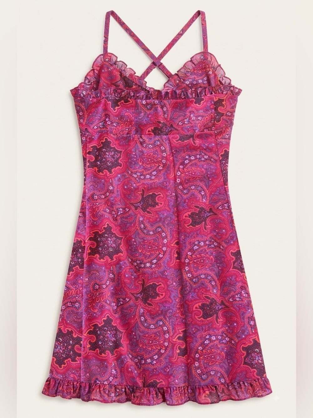 Express Boho Paisley Print Ruffled Mini Dress – Cross-Back Straps